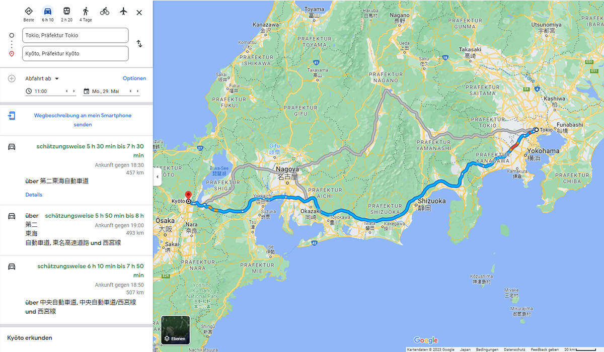 Autofahrt nach Kyoto - Google Maps