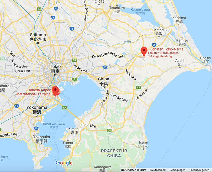 Tokio Narita (NRT) & Tokio Haneda (HND) - Quelle: GoogleMaps
